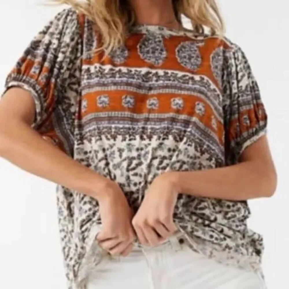 Free People Paisley Puff Sleeve Swing Boxy High Lo Frayed Hem Blouse Top S